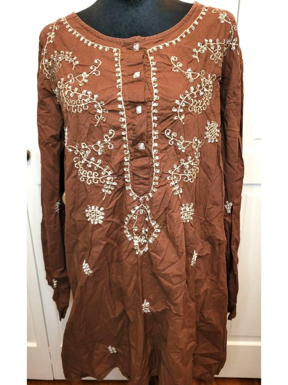 Veranesi Chocolate Brown Cotton Tunic Embroidered Sequins 3X Boho Fall Fairy